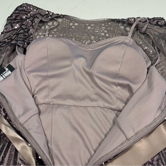 R&M Richards Mocha Short Sleeve Sequin and Mesh Gown 8 - Picture 9 of 16